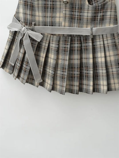 Women's Y2k A-line Pleated Skirt Vintage Plaid Mini Skirt Harajuku Korean Elegant Preppy Style Bow Skirts 2000s Clothes Summer