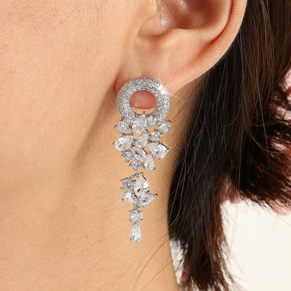 ZAKOL Vintage Sparkling Zircon Flower Dangle Earrings for Women Luxury Crystal CZ Bridal Long Earring Engagement Jewelry Gift