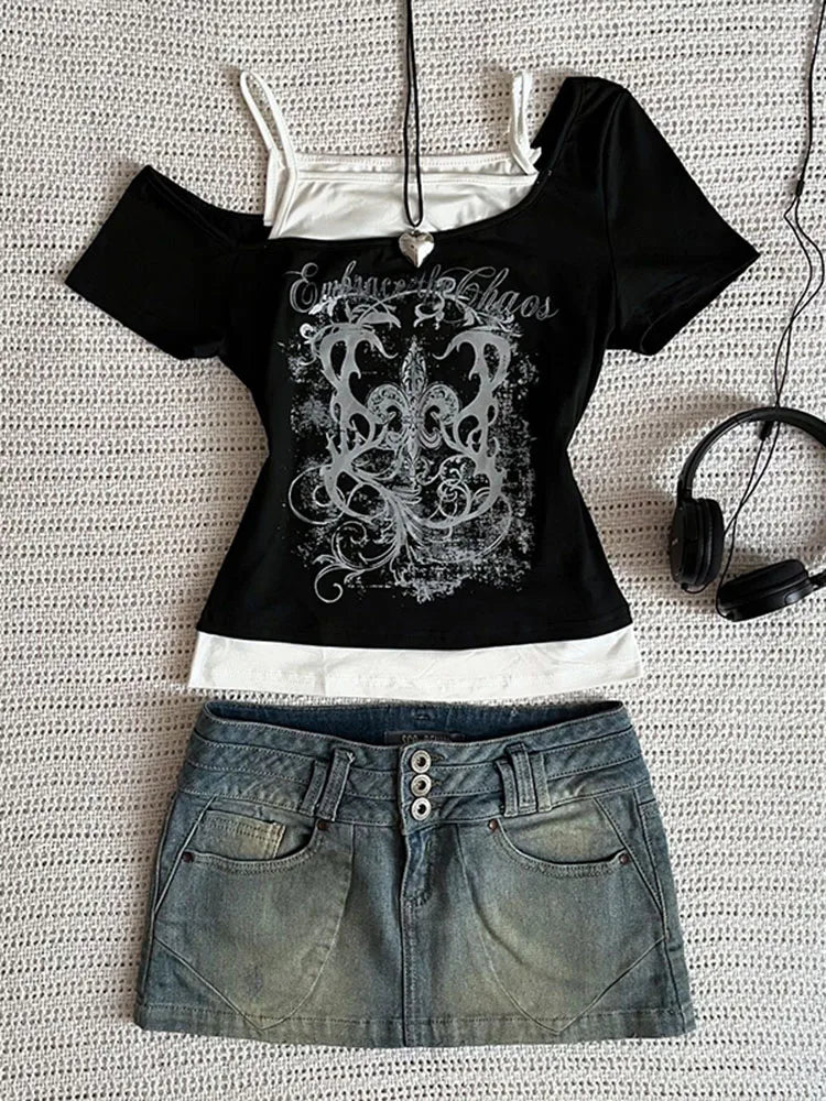 Women's 90s Vintage Punk T-Shirt Summer Streetwear Sexy Short Sleeve Gothic Slim Crop Top Hotgirl Casual Femme Tee Harajuku Y2k