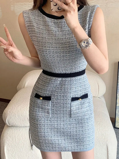 Korejpaa Korean Fashion Tank Dresses Women Simple Contrast Color Sleeveless Knitted Bodycon Dress Casual Slimming Vestidos