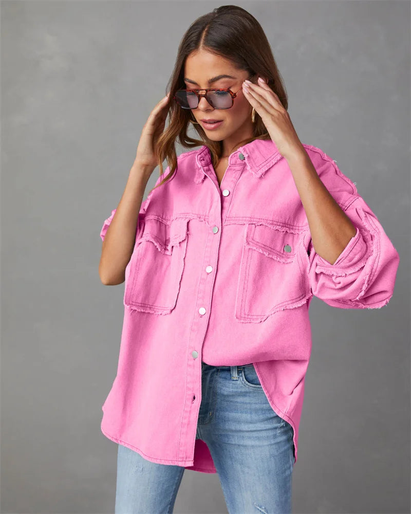 2025 Spring Autumn Shirt Style Denim Jacket Women Holes Raw-edges Jeancoat Casual Tops Female Oversize Loose Outerwear 7 Colors