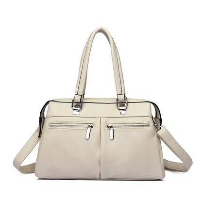 Two Pockets Genuine Brand High Quality Leather Casual Tote Luxury Handbags Women Bags Designer Shoulder Hand Bags for Women Sac Rice White