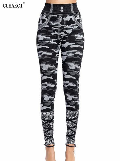 CUHAKCI Camouflage Printed Leggings Women Seamless Denim Sports High Waist Tights Workout Fitness Elastic Pants Stretch Jeggings