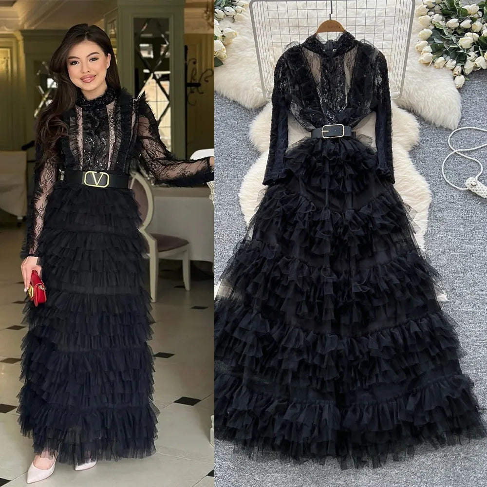 Evening Dress Women Gown Ruffles Stand Collar Full Sleeve Long Dresses Elegant A Line Spliced High Waist Vestidos Mesh Wedding Badiee Stylez