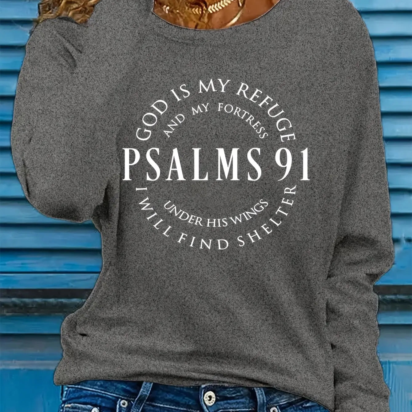 Spring and Autumn Women's 100% Cotton Fashion Casual Loose Inspirational Palms 91 Verseprint Round Neck Long Sleeve T-shirt