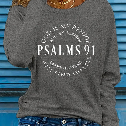 Spring and Autumn Women's 100% Cotton Fashion Casual Loose Inspirational Palms 91 Verseprint Round Neck Long Sleeve T-shirt