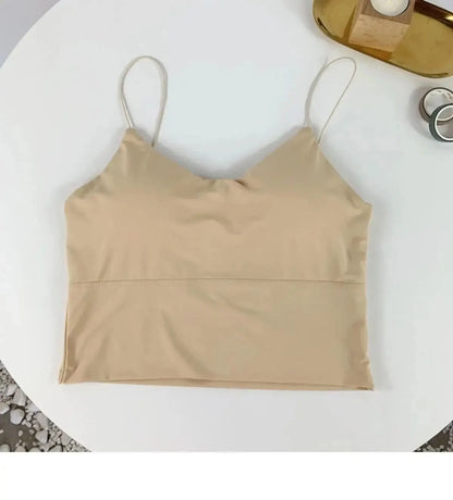 1pc Women Sexy Solid Color Camisole Ice Silk Tube Seamless Sports Tank Top Wireless Underwear Padded Bra Bralette Vest One Size Khaki