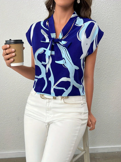 Brush Print Tie Neck Blouse, Elegant Short Sleeve Top For Spring & Summer, Women's Clothing