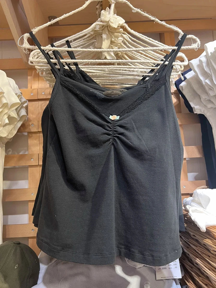 Floral Print Bow V Neck Camis Women Chic Lace Trim Sleeveless Slim Crop Tops Vest Sweet Casual Fashion Raw Hem Tank Top Y2k New Black lace trim One Size