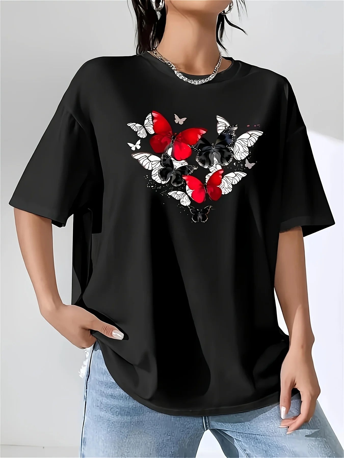 Women's Red Butterfly Heart Print T-Shirt Short Sleeve Round Neck Casual Top for Spring Summer & All-Season Wear Badiee Stylez