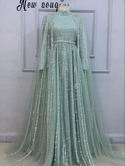Middle East Evening Dress With Long Cape Sleeve Dubai Mint Green Wedding Party Gowns Muslim Women A Line Prom Dress Customized Badiee Stylez