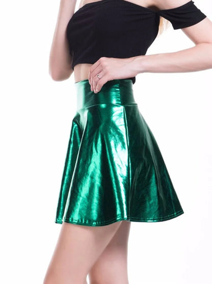 CUHAKCI Short Sexy High Waist Pleated Skirts Women Solid Casual Silver Gold Mini Laser Women Party Club
