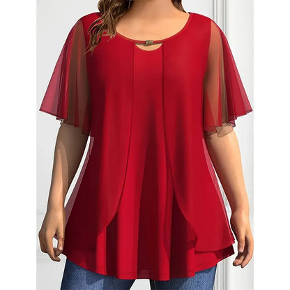 Plus Size Chiffon Blouse Women Top Solid O Neck Loose Pullover Short Sleeve Shirts Blouse Women'S Clothing Casual Summer Top