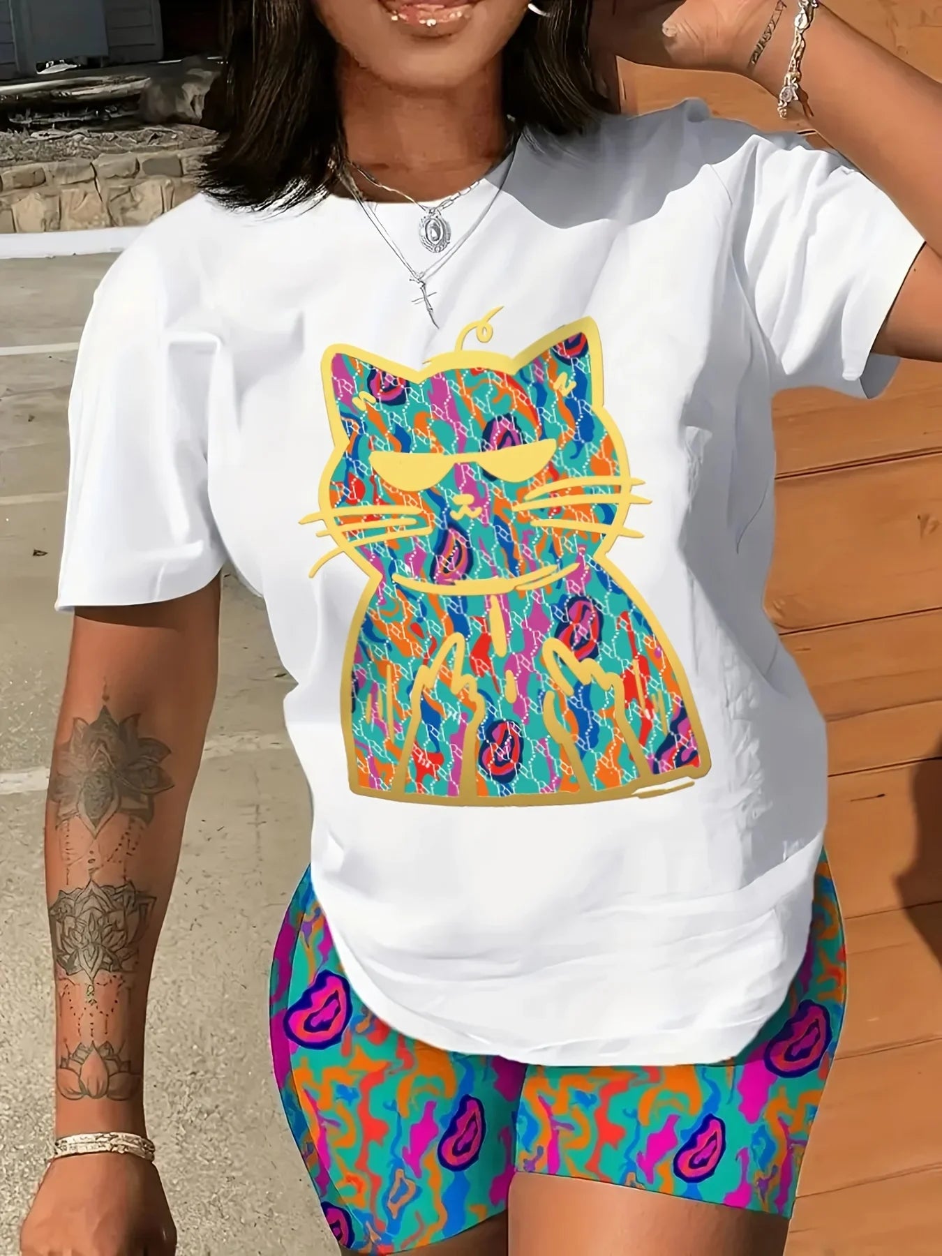 Plus Size Women's Cartoon Rabbit Print T-shirt, Casual Crew Neck Short Sleeve Summer T-shirt, Ladies Cute O-Neck Clothing T1223-023