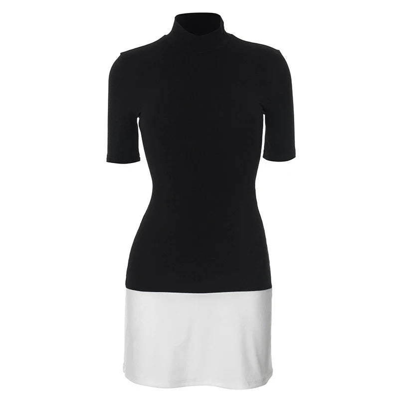 Summer 2025 Turtleneck Half Sleeve Mini Dresses French Style Fashion Elegant Black And White Patchwork Bodycon Dress