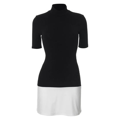 Summer 2025 Turtleneck Half Sleeve Mini Dresses French Style Fashion Elegant Black And White Patchwork Bodycon Dress
