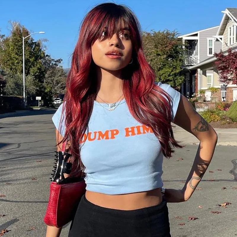 Cute 2000s Aesthetics Letter Print Blue Baby Tees Y2K Streetwear O-neck Short Sleeve Crop Tops Women Fashion 2023 Slim