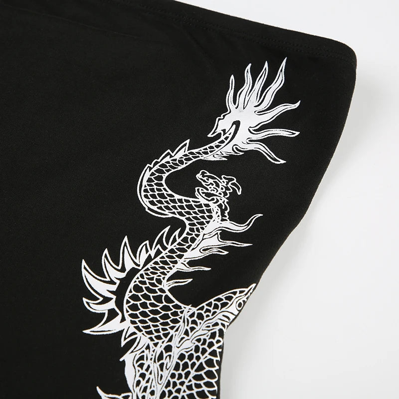 Sweetown Dragon Print Sleeveless Strapless Skinny Sexy Rompers Womens Black Chinese Style Playsuit Summer Baddie Short Overalls