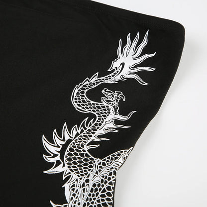 Sweetown Dragon Print Sleeveless Strapless Skinny Sexy Rompers Womens Black Chinese Style Playsuit Summer Baddie Short Overalls