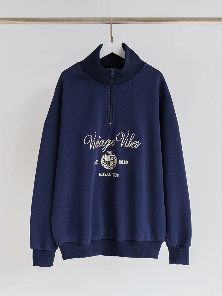 Vintage Letter Embroidery Sweatshirt Women Zipper Lapel Collar Long Sleeve Sweatshirts Autumn Streetwear Fashion Sport Pullovers Navy Blue