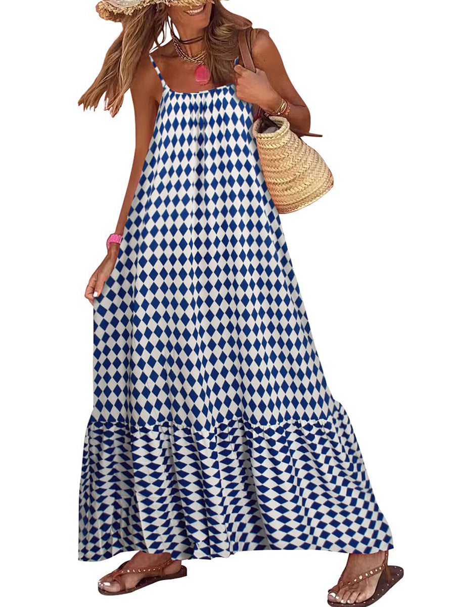 Women's Sleeveless Long Boho Dress Summer Loose Print Spaghetti Strap Flowy Dresses Bohemian Sundress Beachwear Party Coctail