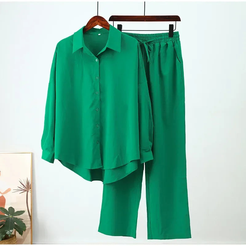 Holiday Wide Leg Pants Set Two Piece Set Women Vintage Boho Maxi Shirt Autumn Casual Loose Work Streetwear Y2k 2025 Outfits green