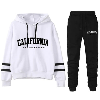 California Womens Tracksuit Casual Stripe Versatile Hooded Sweatshirt or Pants or Suit Simplicity Hot Sales Street Outfits S-3XL WhiteSet