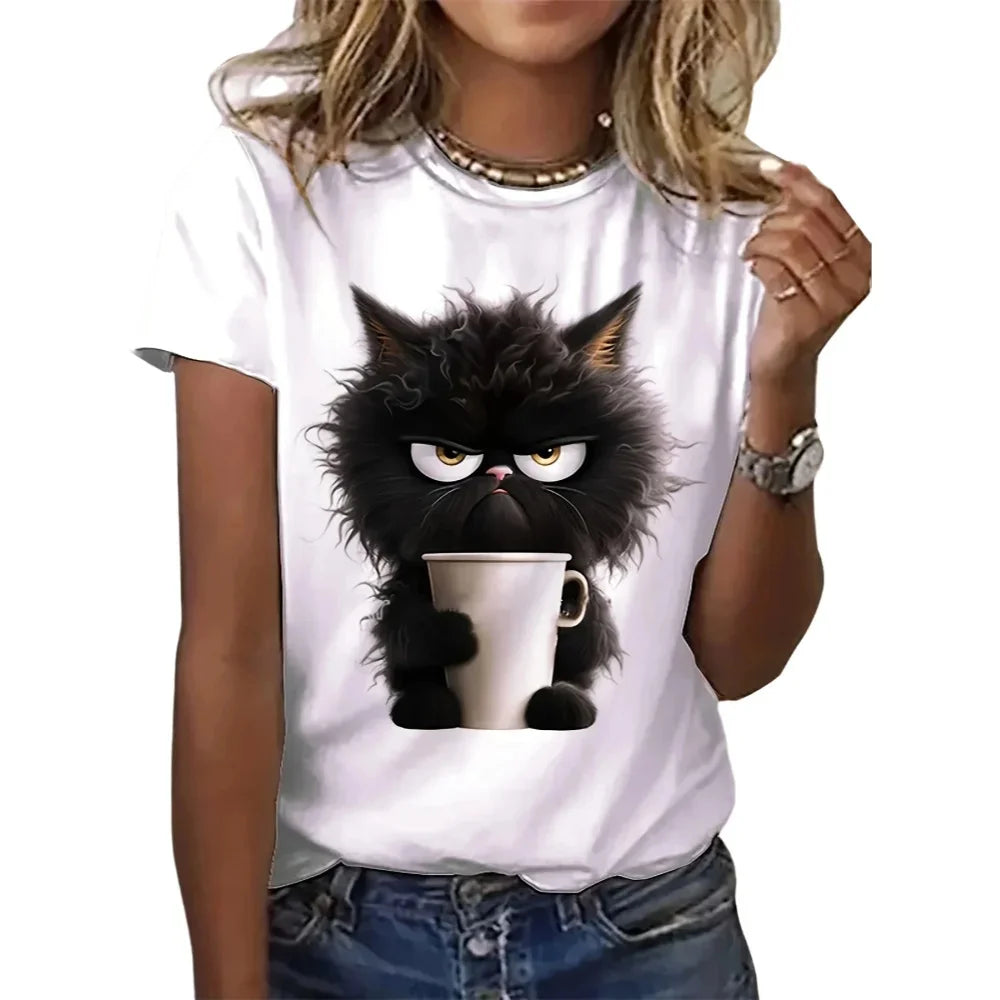 Funny Cat Women Summer White Print T-shirt Girl Casual Short Sleeve O Neck Top For Summer Female Animal Clothing FQ230J-white