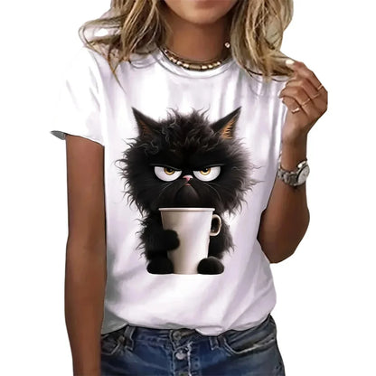 Funny Cat Women Summer White Print T-shirt Girl Casual Short Sleeve O Neck Top For Summer Female Animal Clothing FQ230J-white