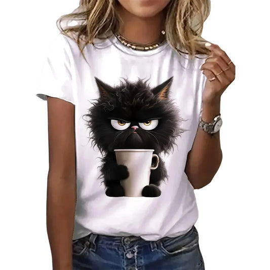 Funny Cat Women Summer White Print T-shirt Girl Casual Short Sleeve O Neck Top For Summer Female Animal Clothing FQ230J-white