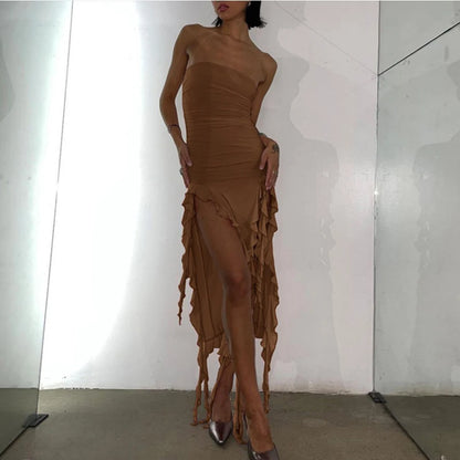 WonMiracle Elegant Strapless Dress Women Irregular Tassel 2024 Summer Trend Skinny Split Maxi Bodycon Party Dress For Women
