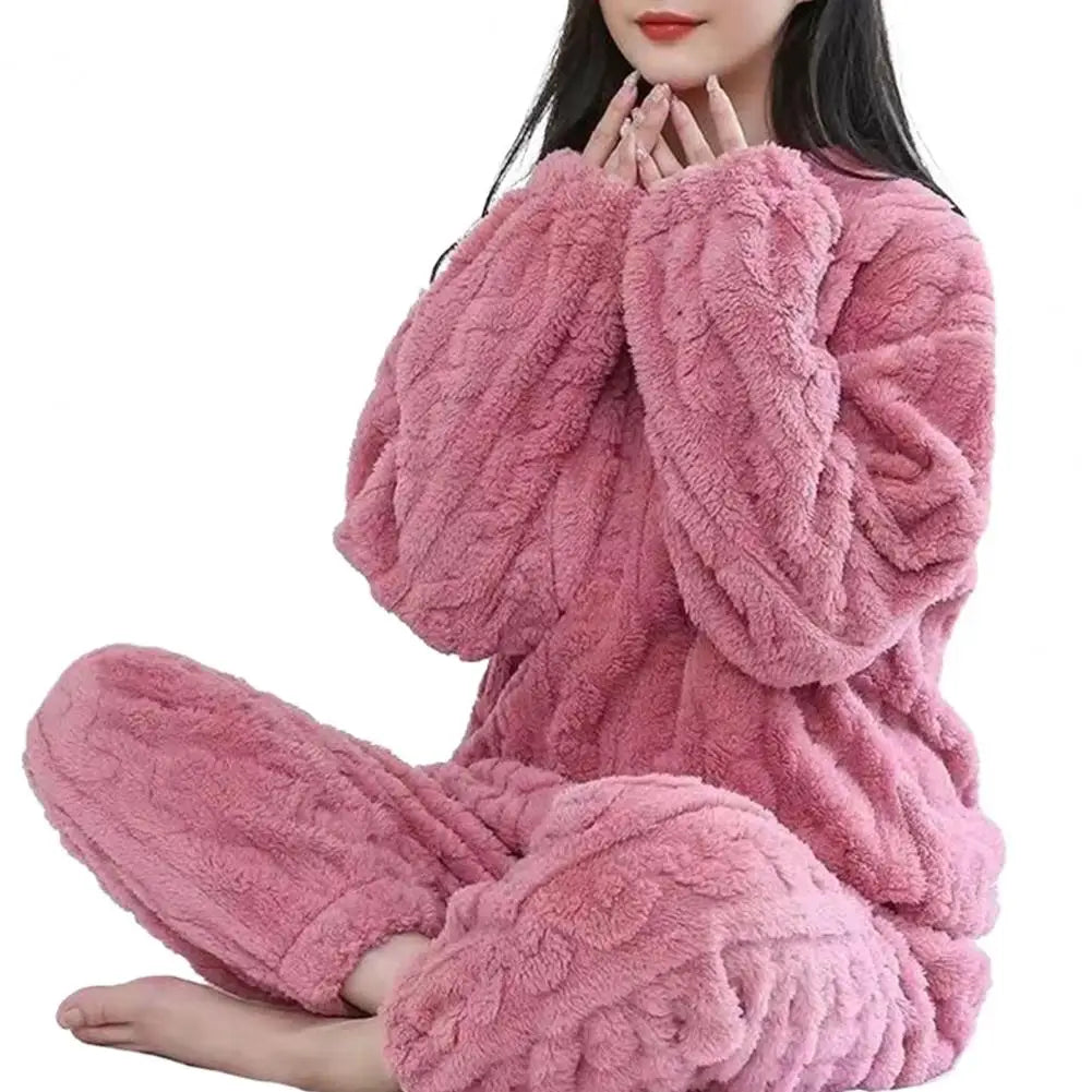 Women Warm 2 Piece Sets Thicken Soft Velvet Ribbed Fleece Set Pullover And Pants Casual Pajama Sets Women Autumn Winter 2023 Dark Pink