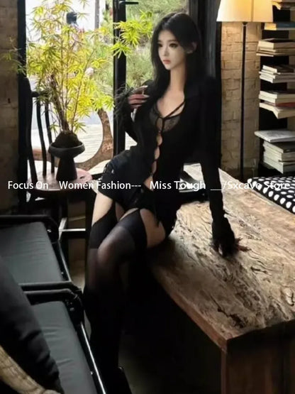 Gothic Y2k Aesthetic Women Sexy Hollow Out T-shirt Vintage Lace Patchwork Streetwear Grunge Tops Harajuku Slim Fit Black Tees