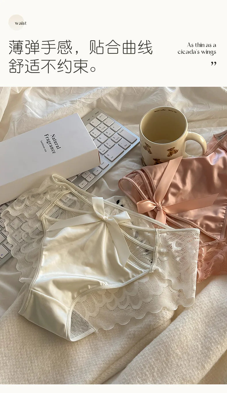 5Pcs Silk underwear, Women's intimate sexy lovely soft ﻿comfortable bowknot silk light thin triangular pants lace splicing