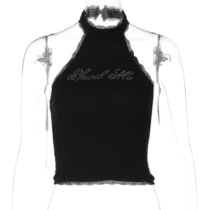 Lygens Halter Rhinestone Diampnds Lace Backless Sleeveelss Women'S Tops Tshirts Y2K Wholesale Casual Solid Fashion Clothing