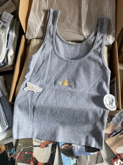 Cute Animal Embroidery Tank Tops Women Summer Lace Trim Cotton Sleeveless Camisole Vests Solid Vintage Sweet Slim Crop Top Y2k Duck-gray One Size