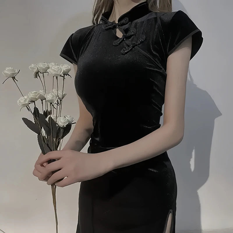 Women Dress Y2K Cheongsam Velvet Elegant Black Sexy Short Sleeve Button Casual Shopping Photo Chinese Dress Tight Fashion Summer Badiee Stylez