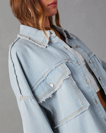 2025 Spring Autumn Shirt Style Denim Jacket Women Holes Raw-edges Jeancoat Casual Tops Female Oversize Loose Outerwear 7 Colors