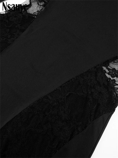 Nsauye Sexy Hollow Out Backless Lace Patchwork Slim Maxi Dresses For Women 2025 Autumn Winter Long Sleeve Long Dress Club Party