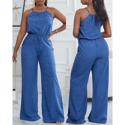 Women's Casual Blue Jumpsuit Spaghetti Straps Waist Tie Great for Daily Wear Shopping Trips Fashionable Hangouts Badiee Stylez