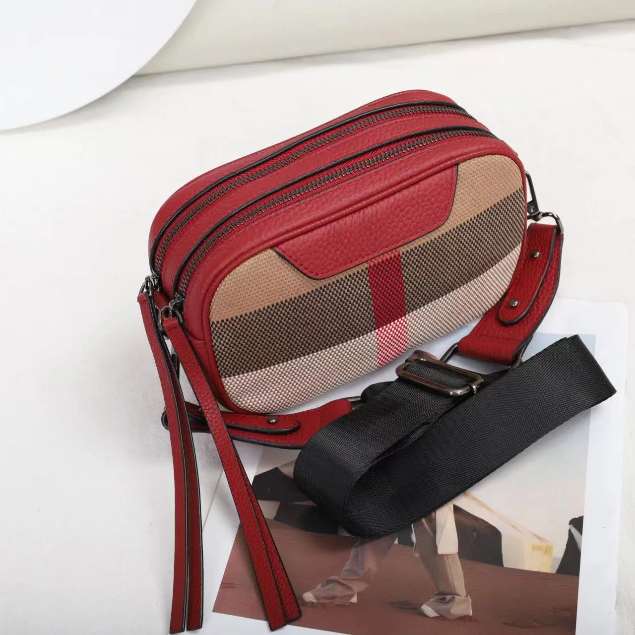 Genuine Leather Fashion Camera Bag Women Luxury Crossbody Shoulder Bags Messebger Canvas Brand Designer Handbags Square Black Red