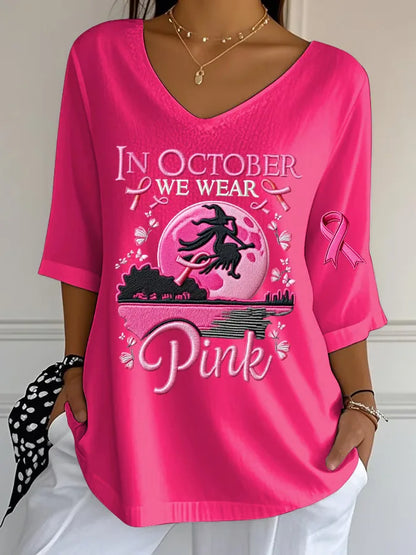 Women's Halloween Graphic Print T-Shirt Pink Ribbon Witch Halloween Costume T-Shirt Gifts Women Fashion Gothic Aesthetic Clothes