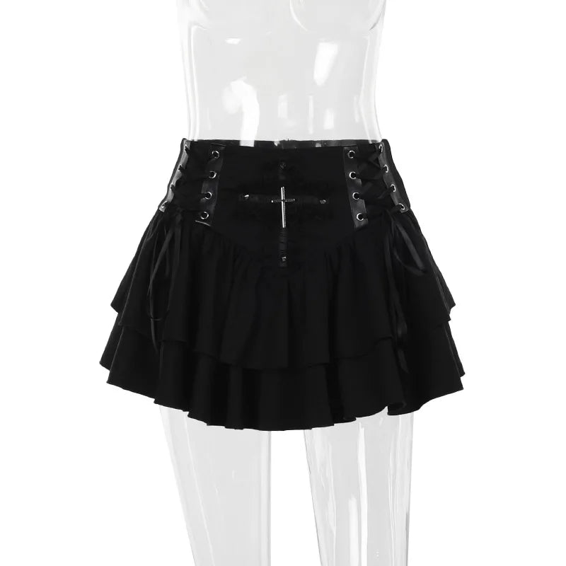 Gothic Black Lace Cross Mini Skirt Y2k Grunge Punk High Waist Pleated A-Line Skirts Vintage Women Girl Aesthetic Alt Clothes