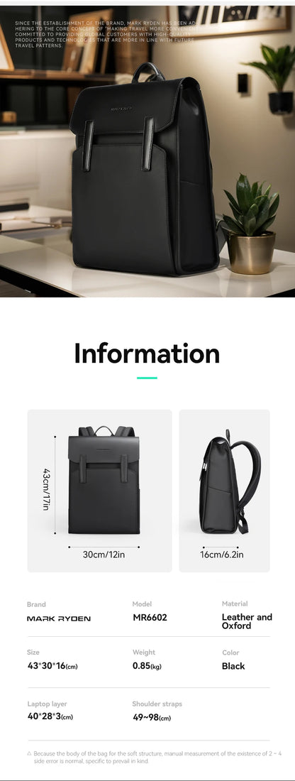 Mark Ryden Classic Business Work Black Leather Backpack 15.6 Inch Laptop Waterproof Bag School Bags Business bacbackpack for men