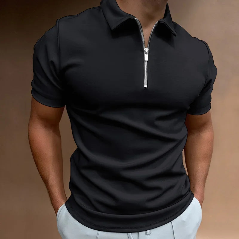 Summer Vibes Men's Polo Shirt - Solid Color, Short Sleeve, Zippered Turn-Down Collar for Effortless Casual Style