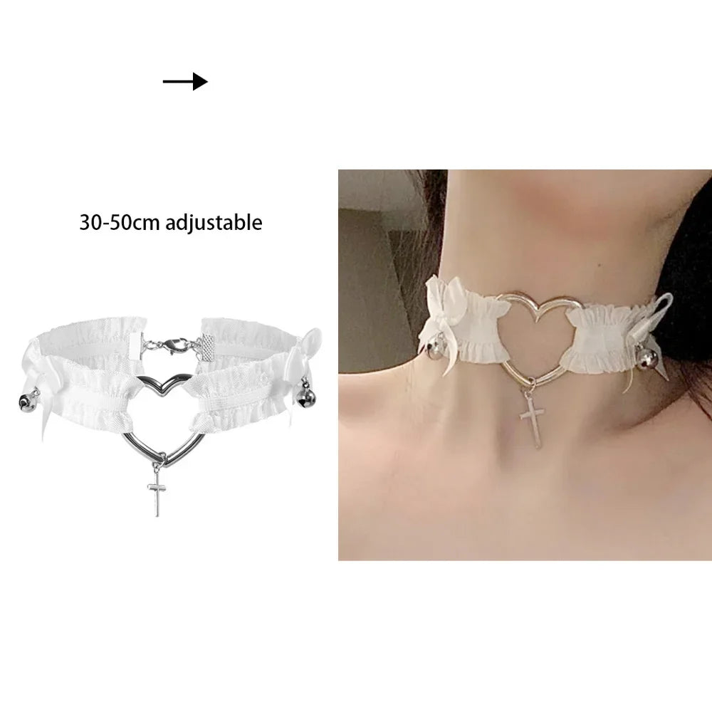 Sexy Trendy Vintage Charm Round Gothic Collar Necklaces Jewelry Gift Gothic Leather Heart Harajuku Women Punk Choker Necklace Lace Bell Cross 40cm adjustable