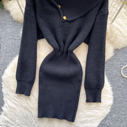 SINGREINY Autumn Knitwear Bodycon Dress Diagonal Collar High Elastic Slim Fit Design Female Light Luxury Solid Sweater Dress