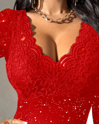 Blouse for Women Slim Deep V Neck T-Shirt 2025 Sexy Scallop Trim Lace Patchwork Glitter Flower Embroidery See-Through Shirt