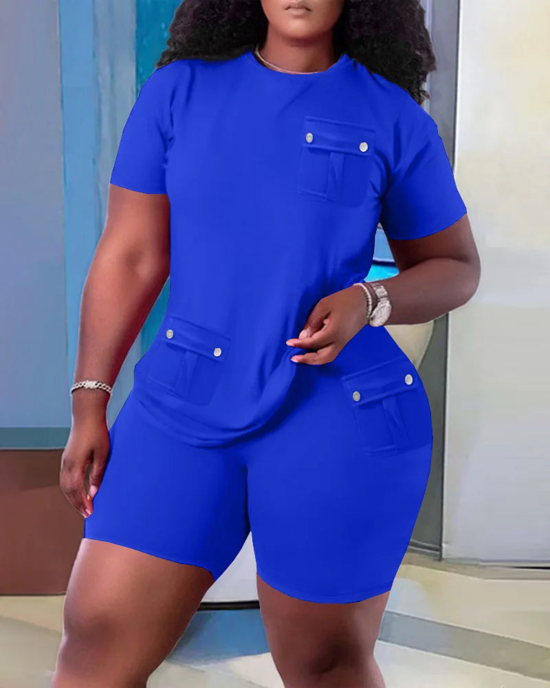 Women Two Piece Shorts Sets Solid Round Neck T Shirts Pockets Elastic Waist Short Trousers Suits Leisure Ladies 2025 Summer