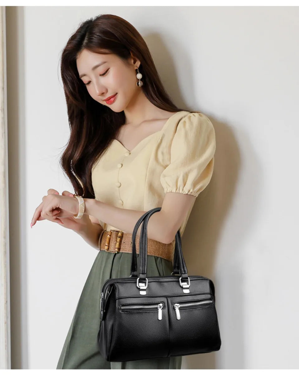 Two Pockets Genuine Brand High Quality Leather Casual Tote Luxury Handbags Women Bags Designer Shoulder Hand Bags for Women Sac